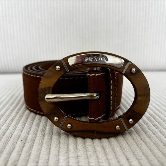 Prada Brown Leather Belt with Wooden Buckle
